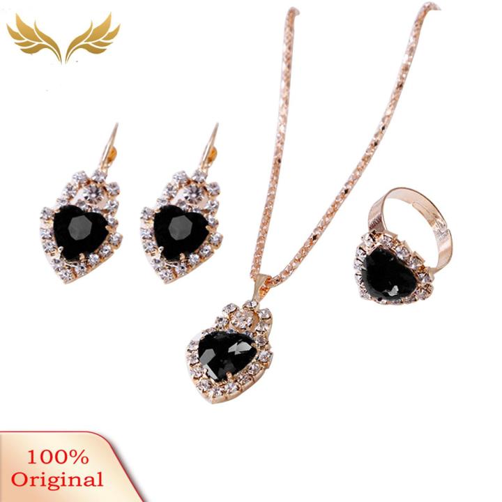 Women Heart Shape Rhinestone Pendant Necklace Lever Back Earrings Ring Jewelry
