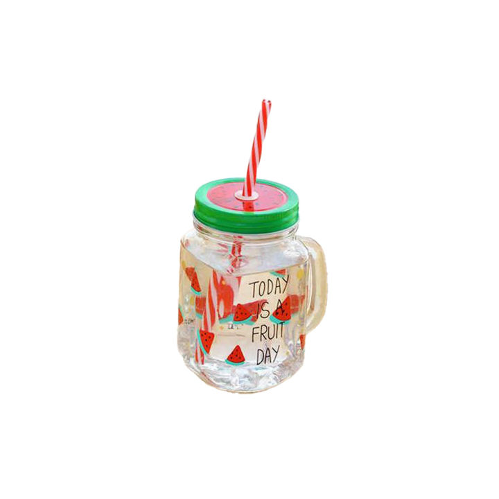 Mason Jar Mugs with Handle Multi Colored Lid and Plastic Straw - 480 ml