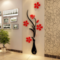 Wooden Wall Sticker Acrylic 3D Plum Flower Vase Wall Stickers Home Decoration Wall Decal Red Floral DIY Poster Stickers. 