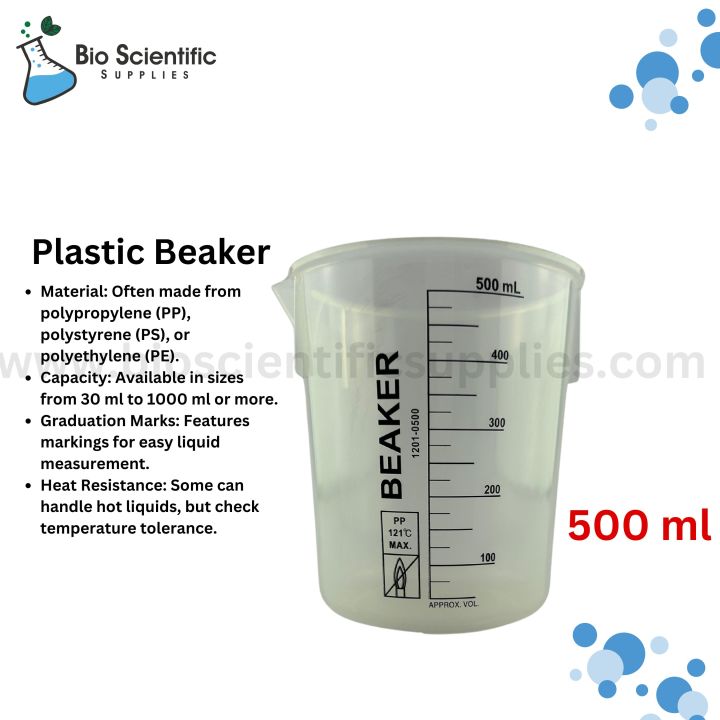 Plastic Beaker 500 ml, Measuring Cup 500 ml - Polypropylene Plastic - Raised Graduations, - Euro Design – Unichem – Use Education Equipment for Industrial and Academic Labs easy reading, or used widely in kitchen. - Science Research Kitchen, Chemistry Cla