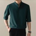 Summer thin stand up collar ice silk short sleeved for men Ins trendy brand new Chinese light mature style slim fit one and a half shirt. 