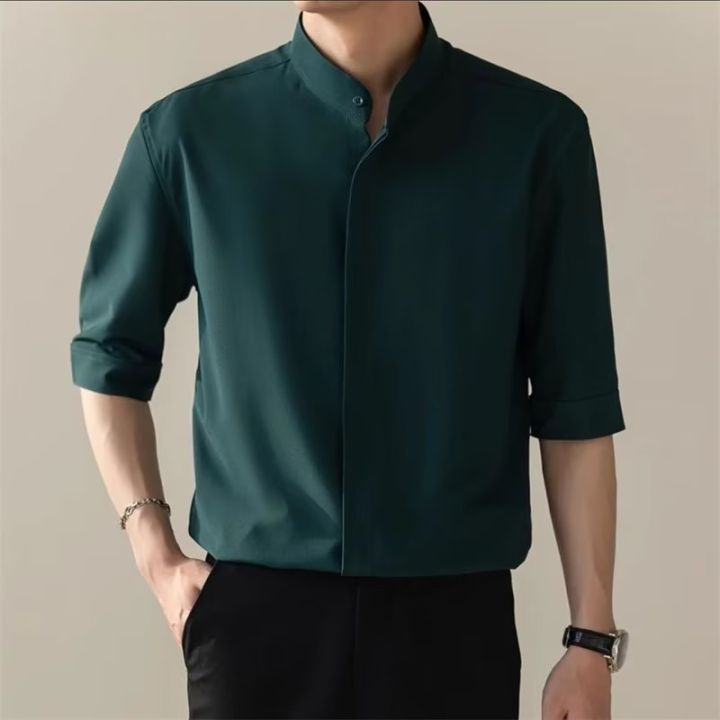 Summer thin stand up collar ice silk short sleeved for men Ins trendy brand new Chinese light mature style slim fit one and a half shirt