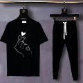 KOREAN HEART DESIGN LOGO Tracksuit Tee-shirt with trousers New BTS Design Round Neck Half Sleeves T Shirts Top Quality Gym wear/Casual and comfortable Pair Shirt and Trouser for girls/women. 