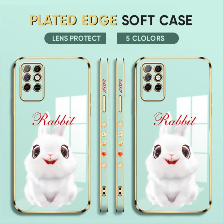 (Free Lanyard ) For Infinix Note 8 Back Cover Luxury 6D Plating Mascot Rabbit Side Pattern Soft Silicone Square Mobile Phone Case