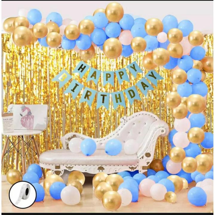 Happy Birthday Blue and Gold Theme Set ( 1 Pc Blue Birthday banner-30 Pc Balloons Gold -Blue & white-1 Pc Curtains 6 Feet Length and 3.5 Feet Width ) Birthday & Party Decorations -Birthday Items Birthday Accessories -Blue & Gold Theme