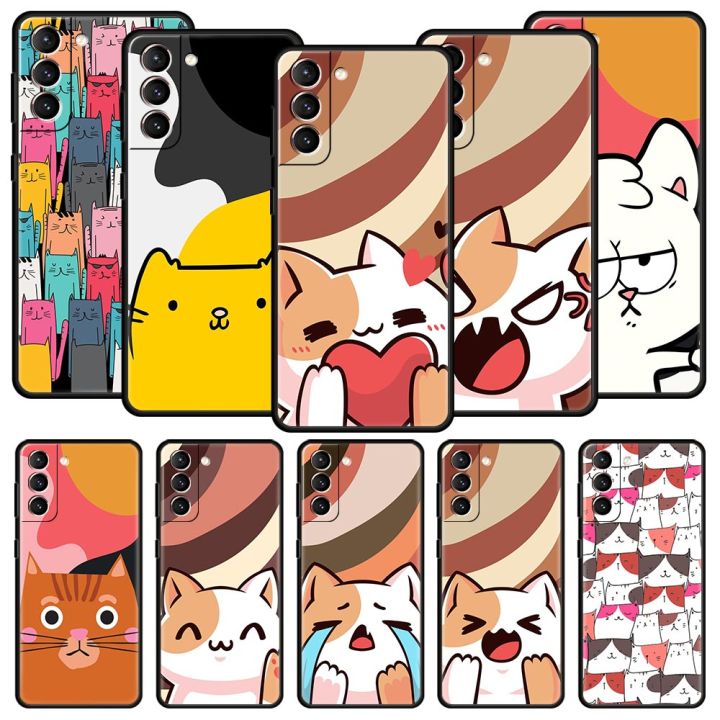 Cute Cat Cartoon Case For Samsung Galaxy S22 Ultra S21 S20 FE 5G S10 S9 S24 Plus S10E S23 Phone Cover Black Silicone
