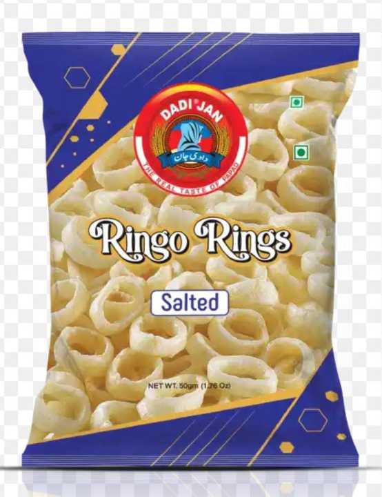 ringo ring chips and snacks , crispy , fresh . 50 gram pack , flavors : salted, chatpata masala