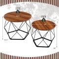 Wood and Iron Hexagonal 2 PC Coffee Table Side Table Nesting Table Set for Living Room, Bedroom and Office. 