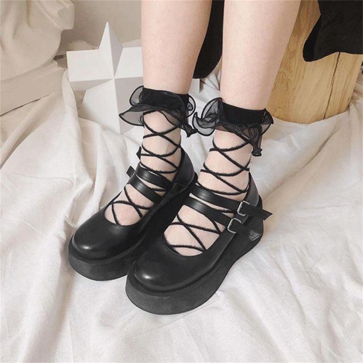 Women Sheer Mesh Socks, Sweet Lolita Style Cross Pattern Slouch Socks Transparent Tulle Socks