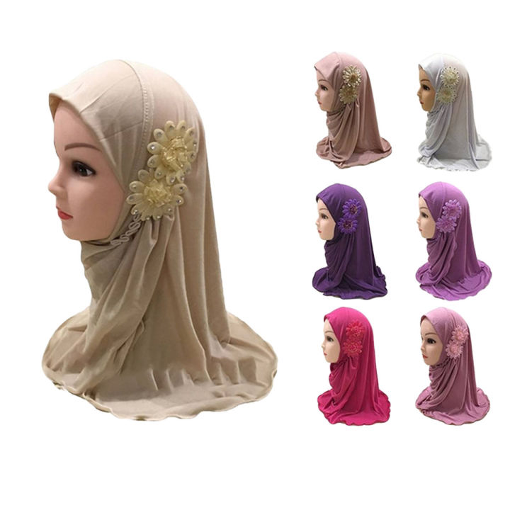 Rendom Colors Muslim Kids Girls Hijab Islamic Headscarf Diamontes Flower Scarf One Piece Children Full Cover Makna Wrap Cover