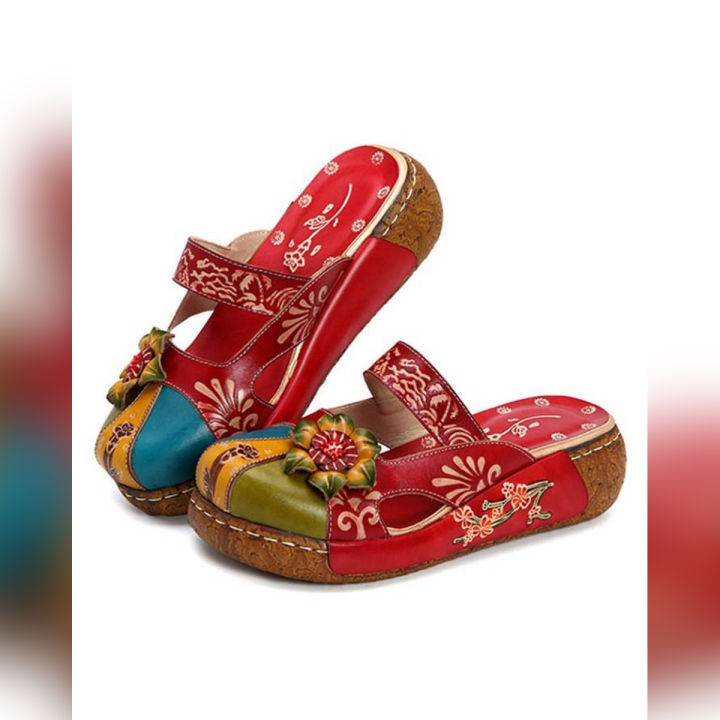 Red Women Vintage Colorful Leather Backless Flower Sandals