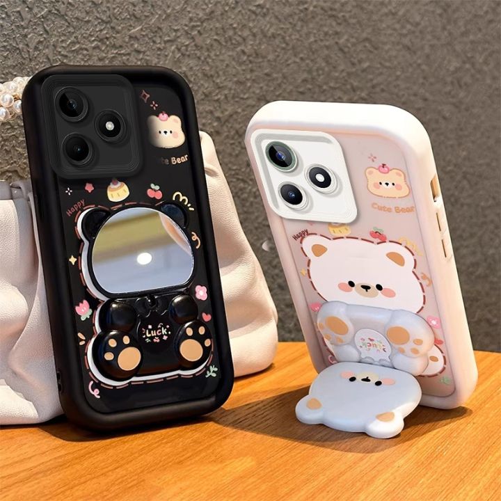 Case for Realme note 60 realme note 60X phone casing back cover Softcase Silicone shockproof Cover new design aesthetic Rotatable mirror Cute Bear with holder JTXXZJ01