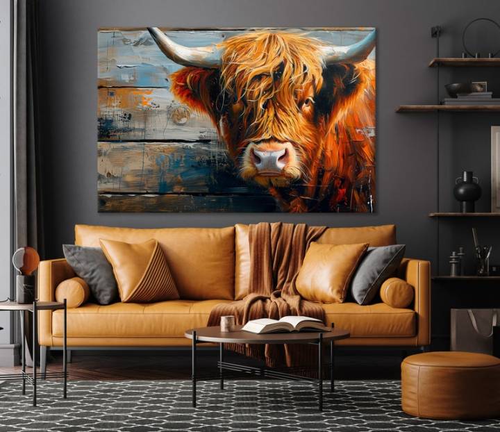 Scottish Highland Cow Canvas Wall Art Textured Cattle Painting Print Red Cow Close Up Wall Art Decor Home Decor Farmhouse Wall Art Print Painting In Solid Frame