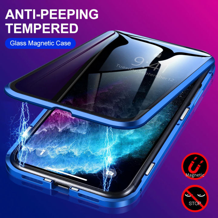 【NShisasN】Magnetic Tempered Glass Metal Privacy Case For iPhone 11 12 13 14 15 Pro Max Anti-Spy 360 Protective Cover For Iphone XR XS Max
