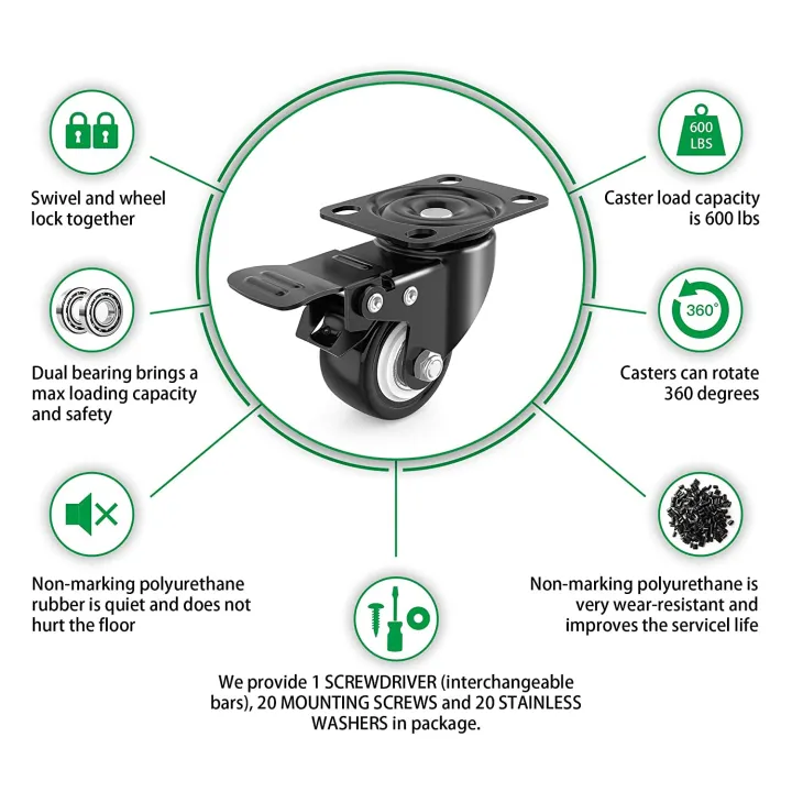 2.5%20inch%20Swivel%20Caster%20Wheels,Rubber%20Base%20with%20Brake%20&%20Top%20Plate%20&%20Bearing%20Heavy%20Duty,%20Total%20Capacity%20600lbs%20(Pack%20of%204)%20-%20Image%205