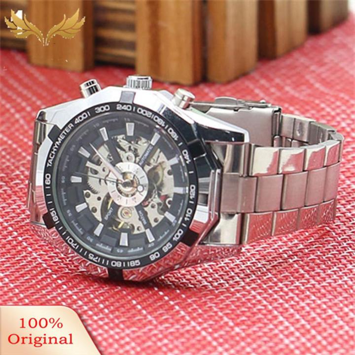 Men Hand-Winding Skeleton Automatic Mechanical Stainless Steel Sport Wrist Watch
