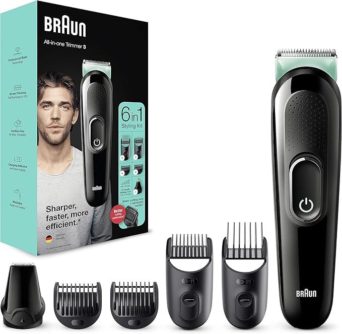 Braun 6-in-1 All-in-One Series 3, Male Grooming Kit with Beard Trimmer, Hair Clippers & Precision Trimmer, 5 Attachments, Gifts for Men, UK 2 Pin Plug, MGK3221