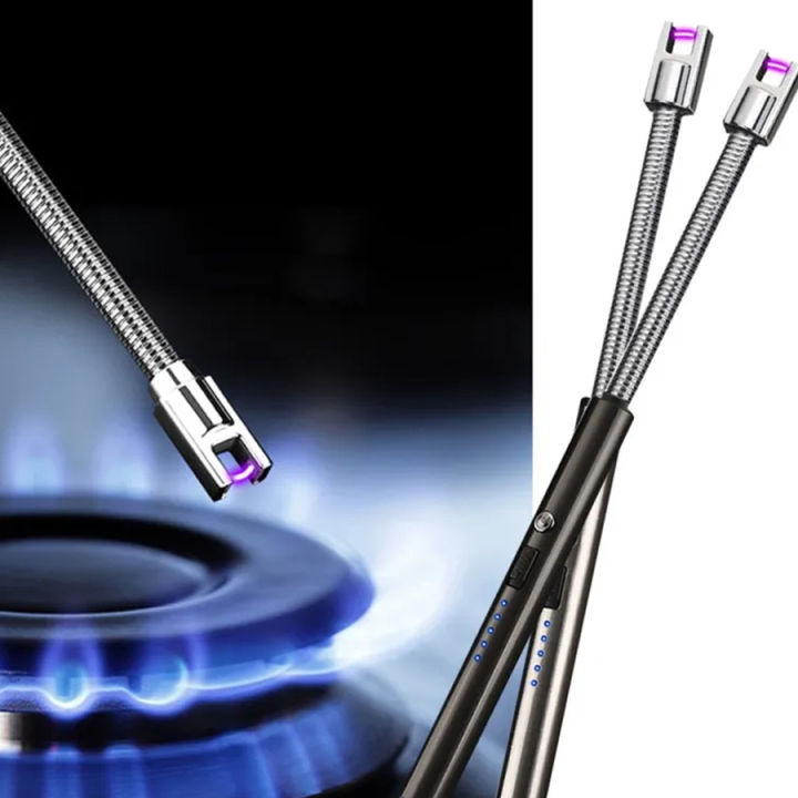 USB Rechargeable Electric Gas Stove Ignitor Lighter with LED Battery Display Switch | 360 Degree Windproof Soft Tube Fire Starter USB Charging | Arc BBQ Igniter Pulsed Arc Ignition