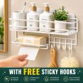 Bathroom Storage Shelf With hooks and Soap Dish Easy Mount Shower Shampoo Rack Holder washroom Basket No Drilling, Design for Bathroom Bedroom Living Room and Kitchen Organizer shelf. 