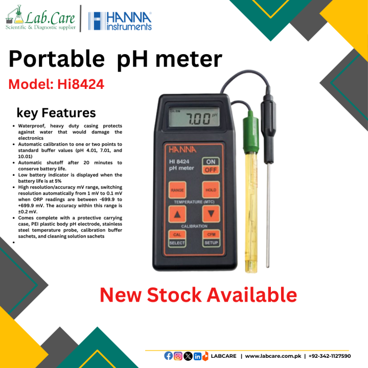 Portable pH Meter, Hanna Instruments HI8424 Waterproof Portable pH Meter, with ATC and HOLD Feature, hi8424 Meter – Portable Ph, ORP, Temperature, ATC and MTC, Automatic Calibration with 3 Swabs stored, Complete with Electrode pH and Temperature Probe