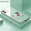 Hontinga for iPhone 11 Back Cover（Free Lanyard）Luxury 6D Plating Happy Puppy and Girl Side Pattern Case Soft Silicone Square Mobile Cover. 