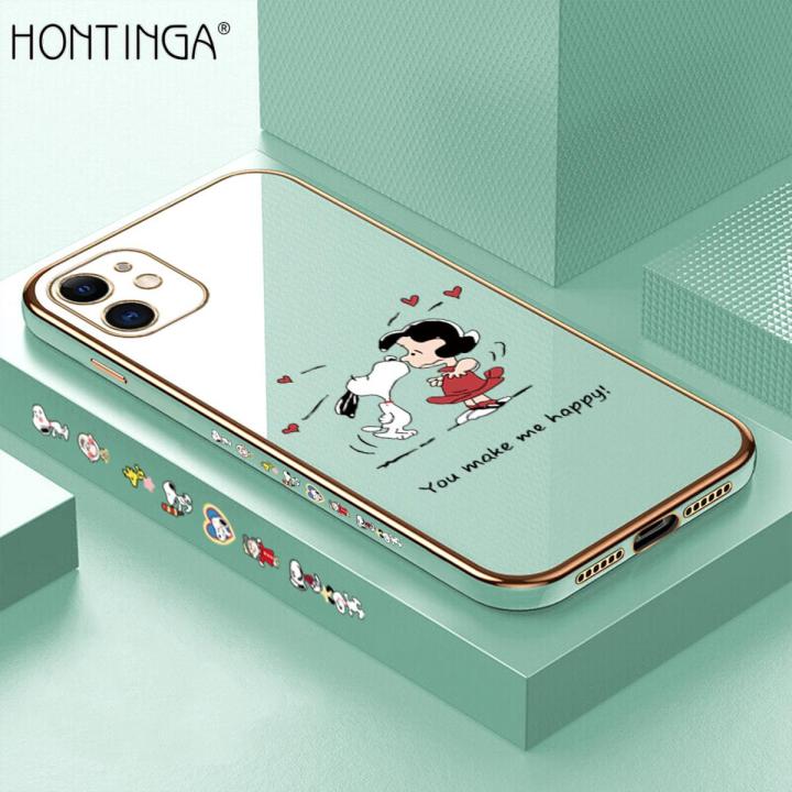 Hontinga for iPhone 11 Back Cover（Free Lanyard）Luxury 6D Plating Happy Puppy and Girl Side Pattern Case Soft Silicone Square Mobile Cover