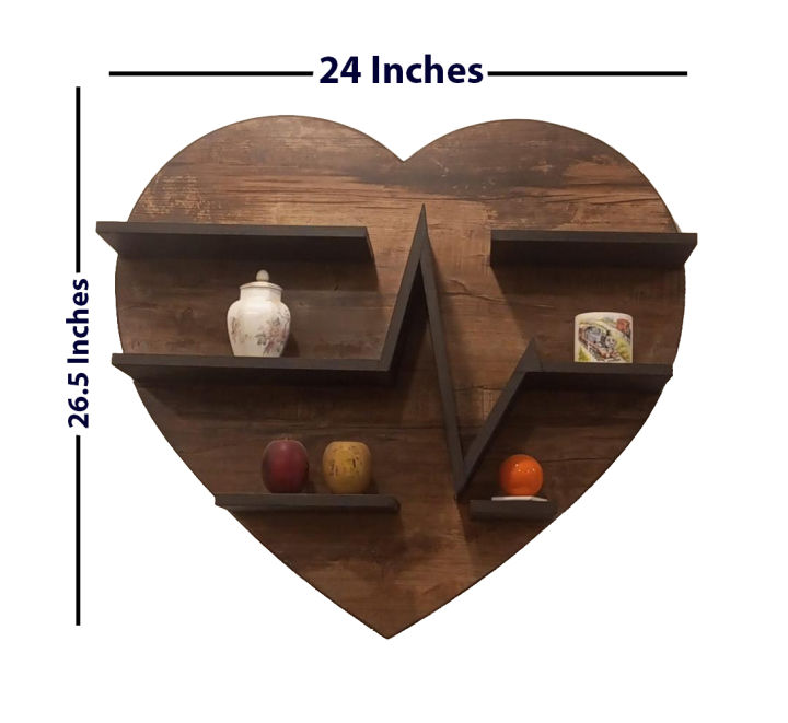 Hanging Wooden wall Shelf Floating Storage Display Unit Unique Rack Heart Shape black & brown