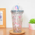 Unicorn Drinking Cup with Straw Kid Travel -Tumbler Glitter Ice Coffee Mugs Plastic Cup Portable , Juice , Coffee Milk Cup. 