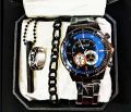 Pack Of 4 Top Fashion Men's Business Watch Deal -Elegant Mens Casual Watch +Chain Braclete +Heart Beat Ring+3D Bar Stick Locket-High Quality Business Watch In Random dial Design. 