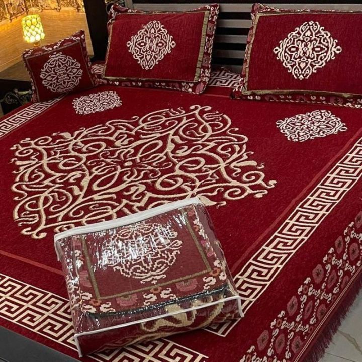 4PC-VELVET-JACQUAD-BEDSHEETS / FANCY-BEDSHEETS / VELVET-BEDDING-SET - Bed sheet - bedsheet king size | Available at FANZA