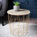 METAL WIRE REMOVABLE WOOD TOP FOLDABLE ROUND COFFEE SIDE TABLE STORAGE BASKET( 16 L 16 W 18.5 H ). 