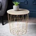 METAL WIRE REMOVABLE WOOD TOP FOLDABLE ROUND COFFEE SIDE TABLE STORAGE BASKET( 16 L 16 W 18.5 H ). 