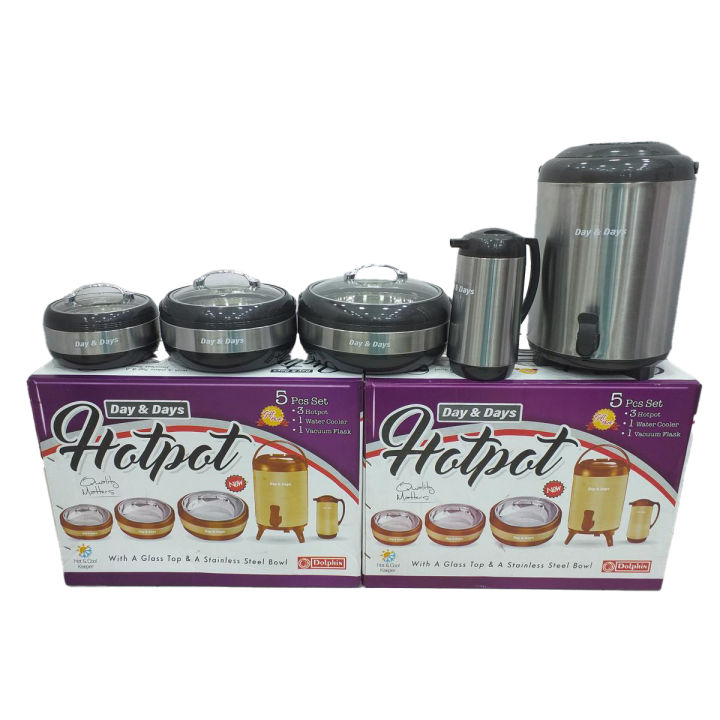 5 Pcs Days Hot Pot Set Stainless Steel Inner Bowl - Glass Lid - 12 Liter Water Cooler - 1.0 ltr Thermos Flask