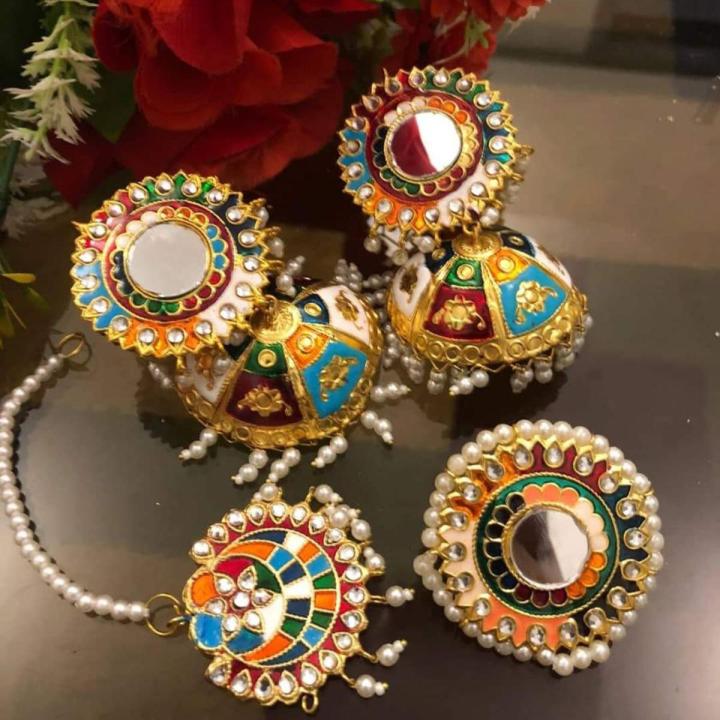 Ayza;l collection Artificial Hand Made Bahawalpur Ladies Jewellery Bridal Tika Jhumki With Tika With Finger Rings.