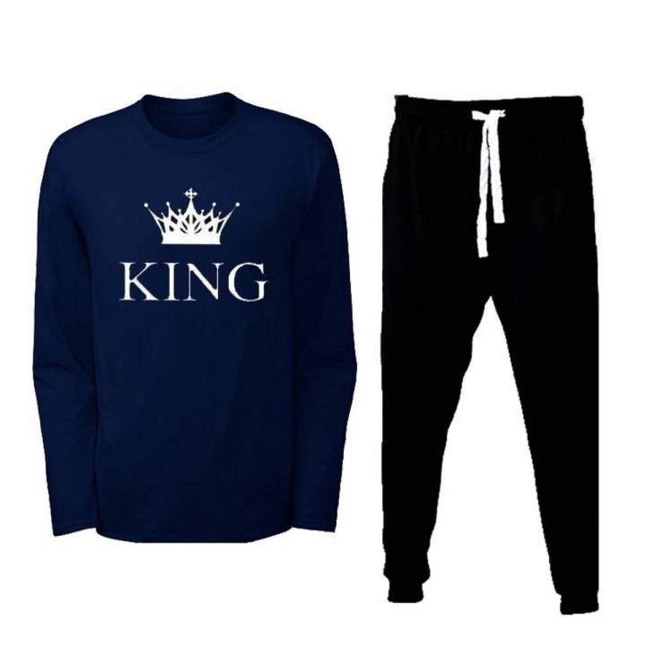 King Printed Full Sleeves T shirt With Matching Trouser Round Neck Tees Casual Cotton Sports Wear Plain Trousers Summer Arrival For Men
