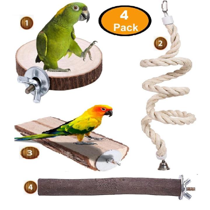 4 pack Bird Perche set Natural Wood Parrot cotton Rope swing string spiral coil perch Climbing Rope Bungee Bird Toys Rope Perch Stand Cage Rope Chewing Toy for cage love birds finches Budgie sun conure cocktail Macaws