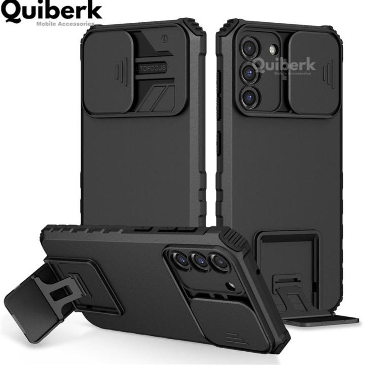 Quiberk for Samsung Galaxy S21 FE 5G Phone Case Slide Camera Cover Kickstand Hard Shockproof Armor Back Casing