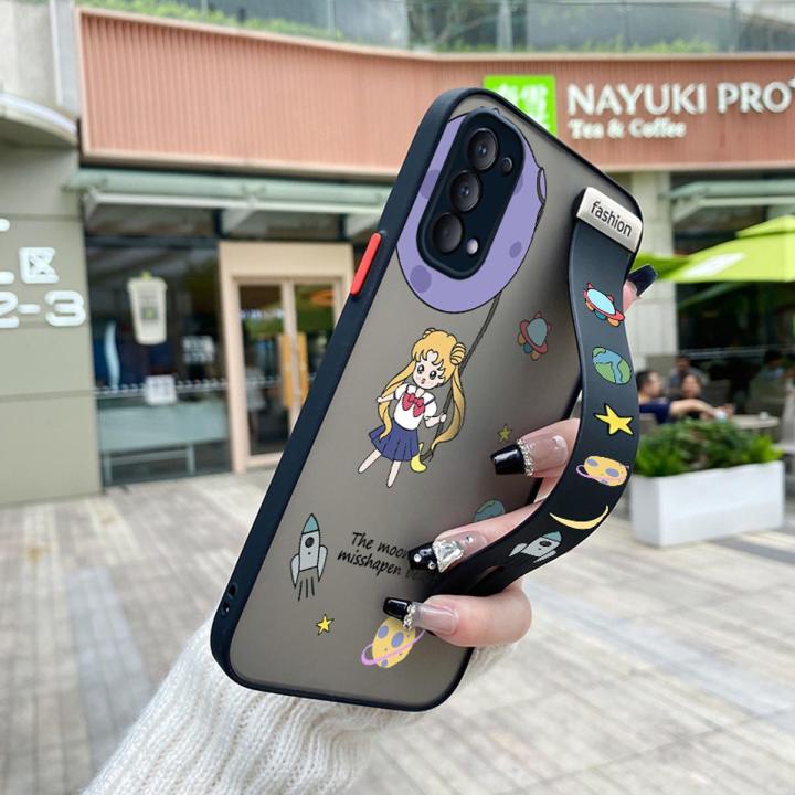 dienya for OPPO Reno 4 4G Case With Wristband Thin Frosted Transparent Hard Full Cover Camera Silicone Softcase Fashion Cute Sailor Moon Pattern Casing Shockproof Protection Cases