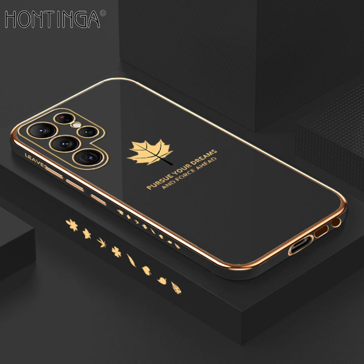 Hontinga for Samsung Galaxy S22 Ultra 5G Back Cover Luxury 6D Plating Maple Leaf Side Pattern Case Soft Silicone Square Phone Cases