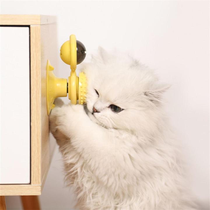 Funny Cat Toy Spinning Windmill with LED Ball ＆Catnip Scratch Hair Brush Intelligence Training Suction Cup Cats Spinner Toy