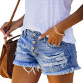 Women’s Fashion Washed Distressed Jeans Personality Solid Color Ripped High-waist Denim Shorts. 