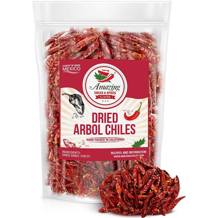 Chile De Arbol 5oz - Dried Whole Red Chili Peppers, Premium All Natural Stemless, Resealable Bag. Use in Mexican, Chinese and Thai Dishes. Spicy Hot Heat Full of Flavor.…