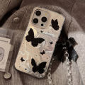 100% Quality+COD Holographic Black Butterfly Phone Case with Lanyard for iPhone 15 PRO MAX PLUS 14 13 12 Reflective Fashionable Phone Cover. 