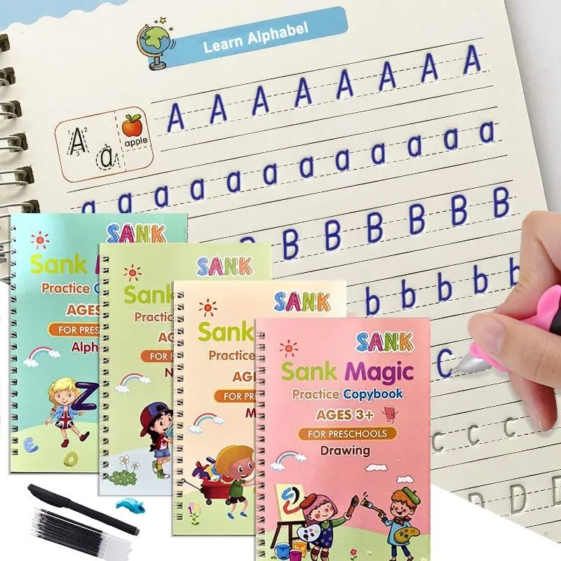 Magic Practice Copybook(4 BOOKS+10 INK REFILL) , Magic Book For Montessori children Tracing Handwriting | First Learning Books for Kids | Preschool