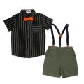 Archies Boys Brown Lined Shirt With Ash Green Shorts, Suspenders & Bow Tie. 