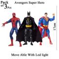 Pack of 3 pcs - Avengers Super Hero Action Figures With Led Light Toys For Kids and Boys Move able Spider Man Bat Man Super Man Spiderman Superman Batman. 