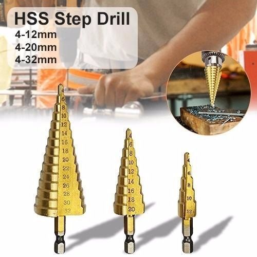 High Speed Steel Titanium Step Drill Bits, 4-12/20 / 32mm, HSS Step Cone Drill Bit, Pack Of 3 Sizes Also available.