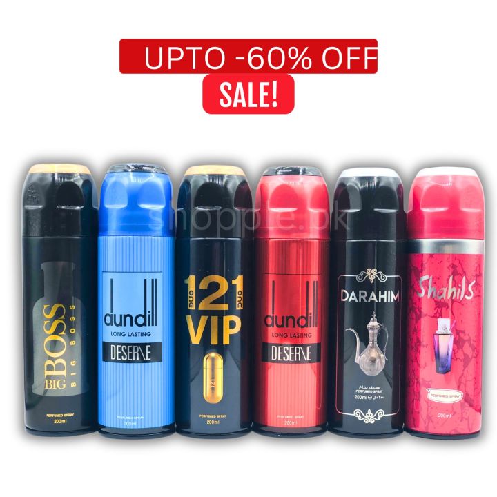 Body Spray Pack of 6 Big Bottle 200ml BigBoss Black | Dundill Blue | One2One Vip | Dundill Red | Darahim | Shahils Freshrite Brand Fragrance Fresh Scent Perfumed Body Spray For Men and Women Value Budget Gifting Birthday Anniversary Unisex Body Spray