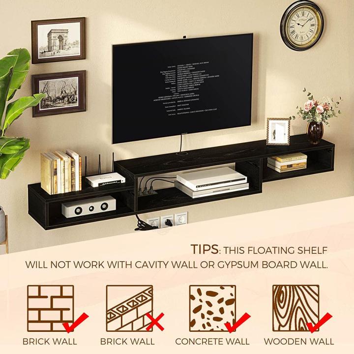 Wall Mounted Media Console with Power Outlet Floating LCD Stand Component Shelf for 40''inches TV, Entertainment Storage Shelf for Living Room, Black
