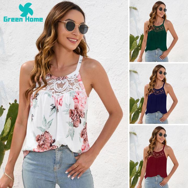 Green Home Sleeveless Top Round Neck Flower Print Sleeveless Women Shirt